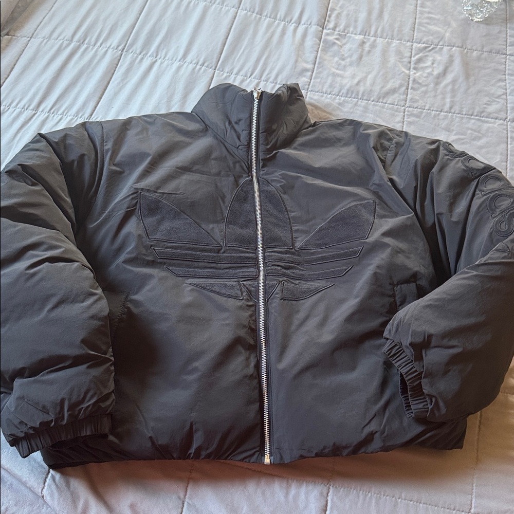 Adidas Black Big Logo Cropped Puffer Jacket